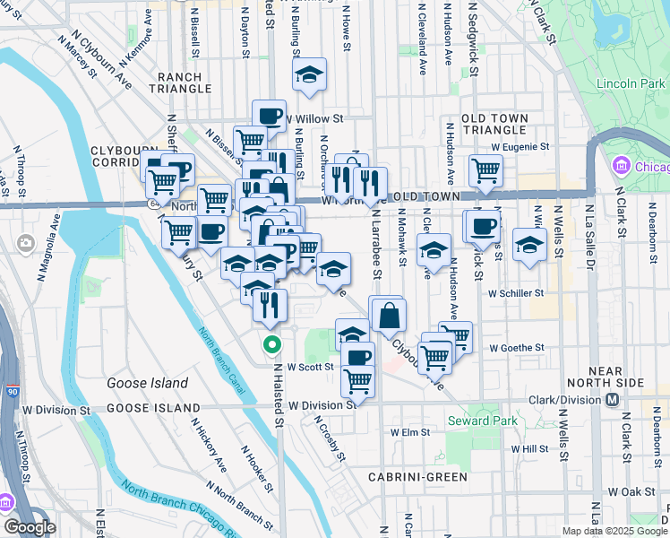 map of restaurants, bars, coffee shops, grocery stores, and more near 1471 North Ogden Avenue in Chicago
