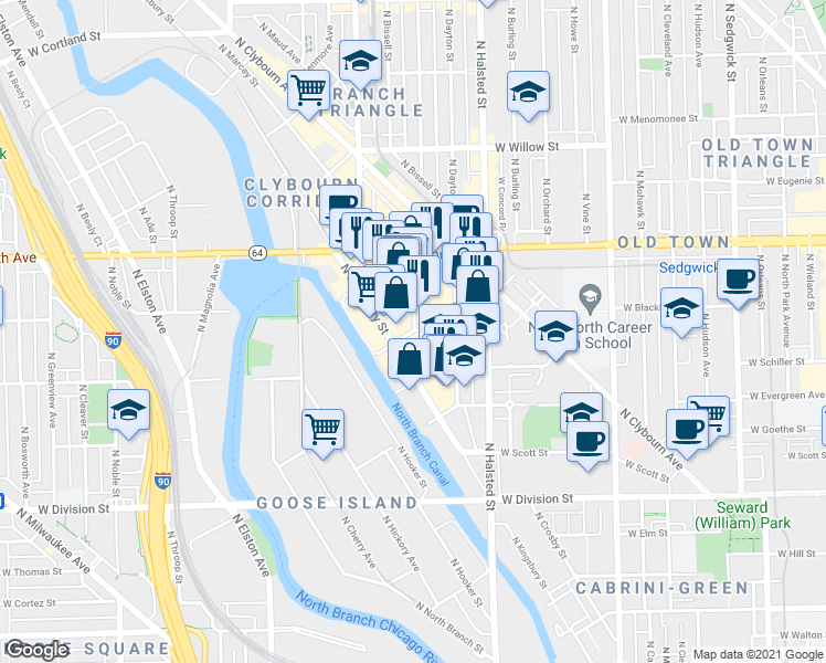 map of restaurants, bars, coffee shops, grocery stores, and more near 1476 North Fremont Street in Chicago