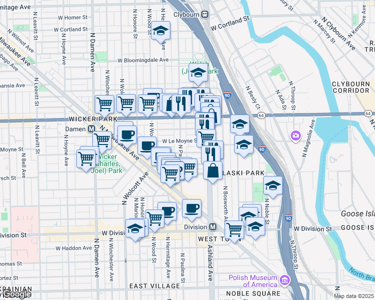map of restaurants, bars, coffee shops, grocery stores, and more near 1632 West Julian Street in Chicago