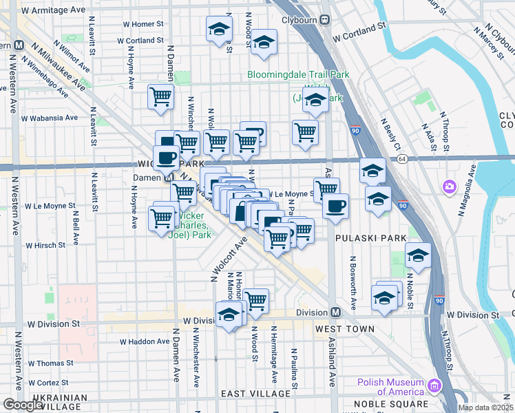 map of restaurants, bars, coffee shops, grocery stores, and more near 1746 West Julian Street in Chicago