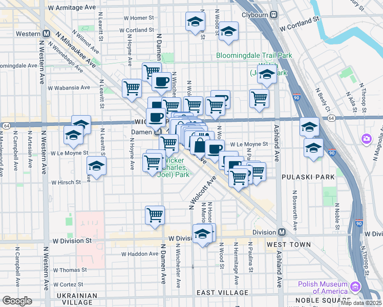 map of restaurants, bars, coffee shops, grocery stores, and more near 1474 North Milwaukee Avenue in Chicago