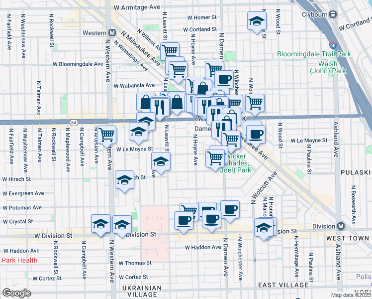 map of restaurants, bars, coffee shops, grocery stores, and more near 2128 West Le Moyne Street in Chicago