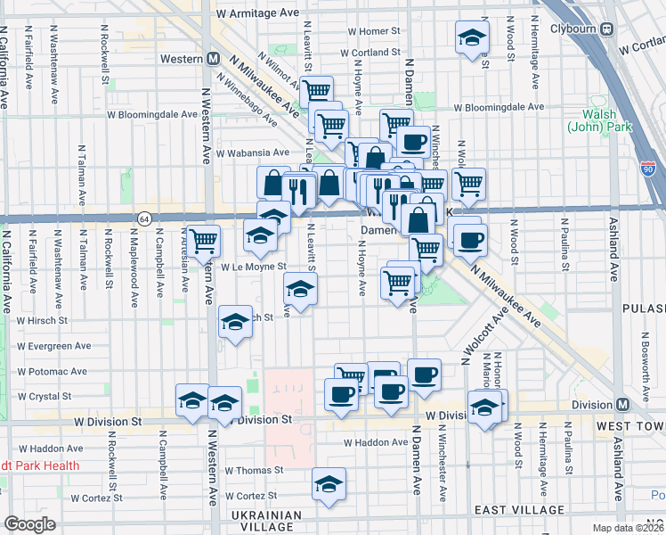 map of restaurants, bars, coffee shops, grocery stores, and more near 2128 West Le Moyne Street in Chicago