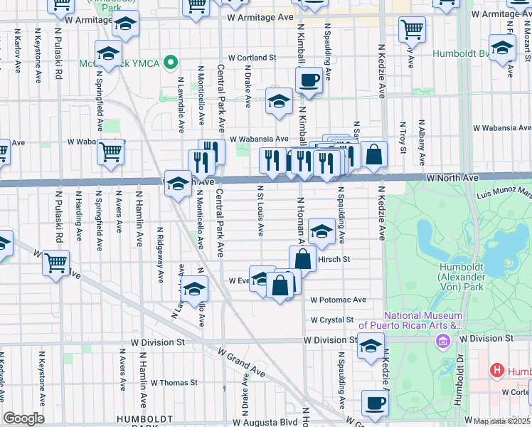 map of restaurants, bars, coffee shops, grocery stores, and more near 3450 West Le Moyne Street in Chicago