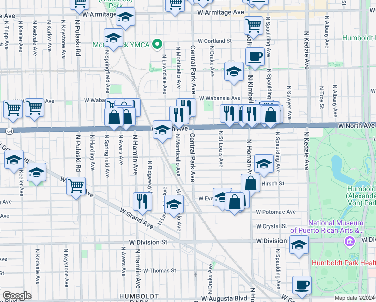 map of restaurants, bars, coffee shops, grocery stores, and more near 1508 North Central Park Avenue in Chicago