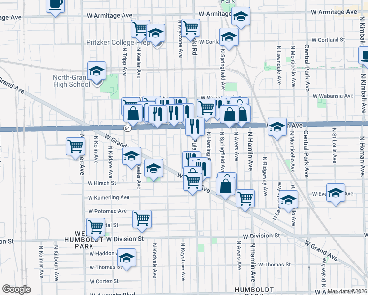 map of restaurants, bars, coffee shops, grocery stores, and more near 1515 North Keystone Avenue in Chicago