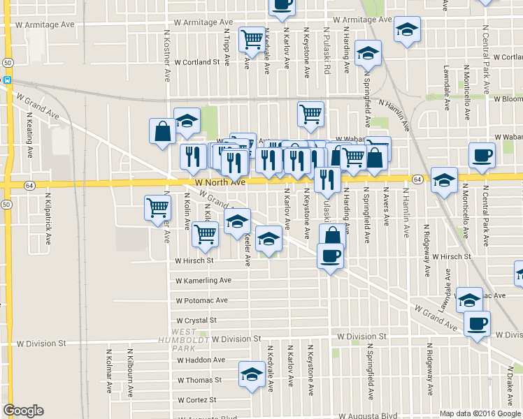 map of restaurants, bars, coffee shops, grocery stores, and more near 1512 North Kedvale Avenue in Chicago