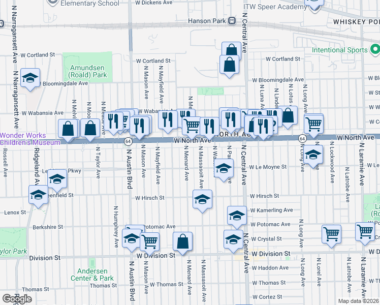 map of restaurants, bars, coffee shops, grocery stores, and more near 1532 North Menard Avenue in Chicago