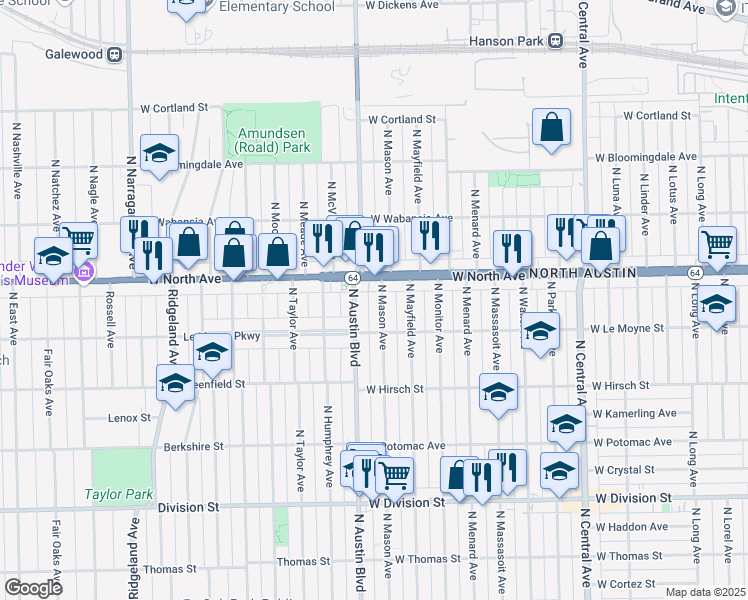 map of restaurants, bars, coffee shops, grocery stores, and more near 1537 North Mason Avenue in Chicago