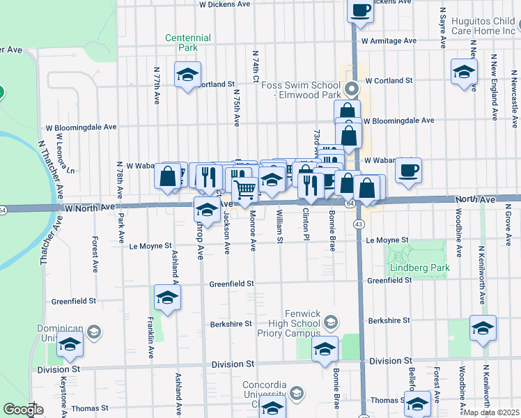 map of restaurants, bars, coffee shops, grocery stores, and more near 1557 Monroe Avenue in River Forest