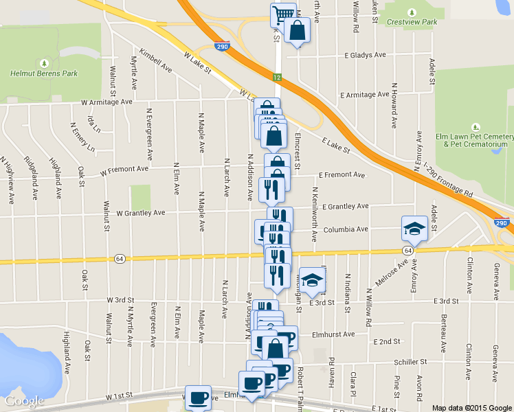 map of restaurants, bars, coffee shops, grocery stores, and more near 113 West Grantley Avenue in Elmhurst
