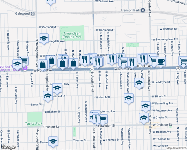 map of restaurants, bars, coffee shops, grocery stores, and more near 1533 North Austin Boulevard in Chicago