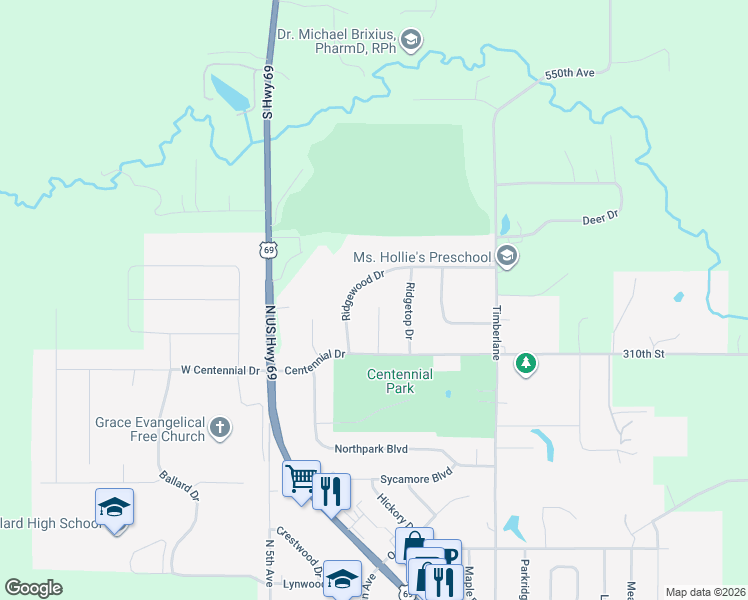 map of restaurants, bars, coffee shops, grocery stores, and more near 1111 Centennial Cir in Huxley