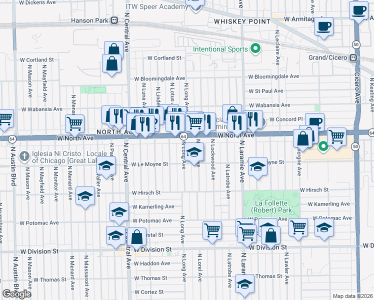 map of restaurants, bars, coffee shops, grocery stores, and more near 1529 North Long Avenue in Chicago