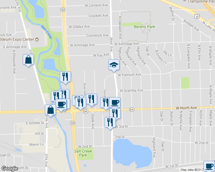 map of restaurants, bars, coffee shops, grocery stores, and more near 369 Ferndale Avenue in Elmhurst