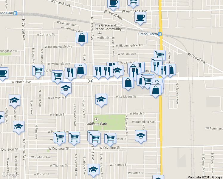 map of restaurants, bars, coffee shops, grocery stores, and more near 1527 North Leclaire Avenue in Chicago