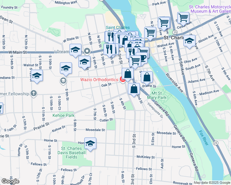 map of restaurants, bars, coffee shops, grocery stores, and more near 427 South 4th Street in St. Charles