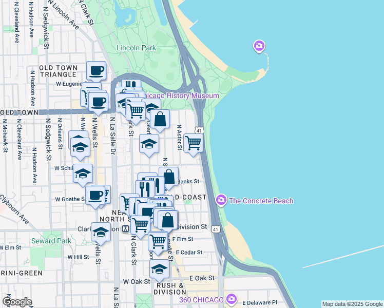 map of restaurants, bars, coffee shops, grocery stores, and more near 1421 North Astor Street in Chicago