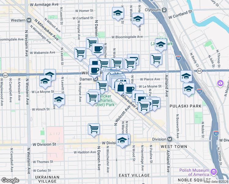 map of restaurants, bars, coffee shops, grocery stores, and more near 1474 North Milwaukee Avenue in Chicago
