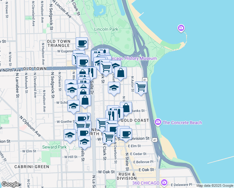 map of restaurants, bars, coffee shops, grocery stores, and more near 1425 North Dearborn Parkway in Chicago