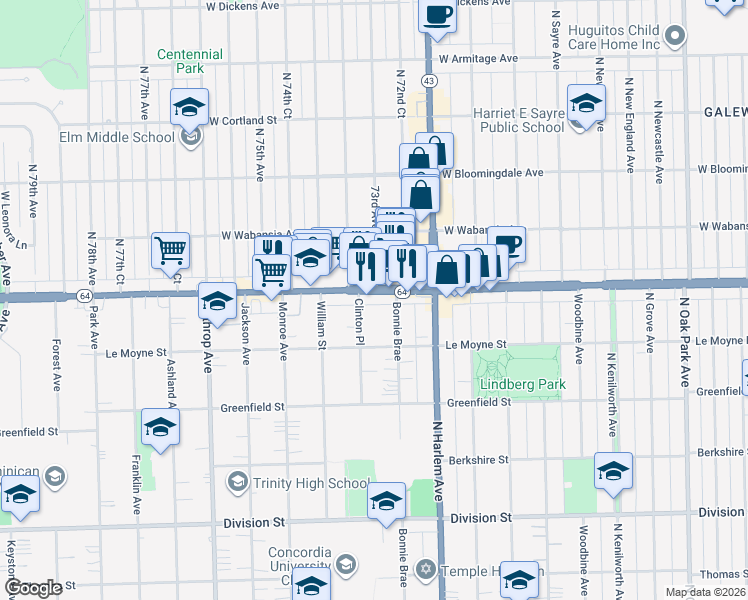 map of restaurants, bars, coffee shops, grocery stores, and more near 7319 West North Avenue in River Forest