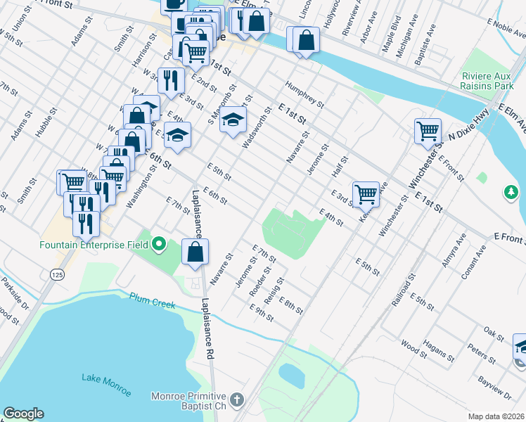 map of restaurants, bars, coffee shops, grocery stores, and more near 511 Navarre Street in Monroe
