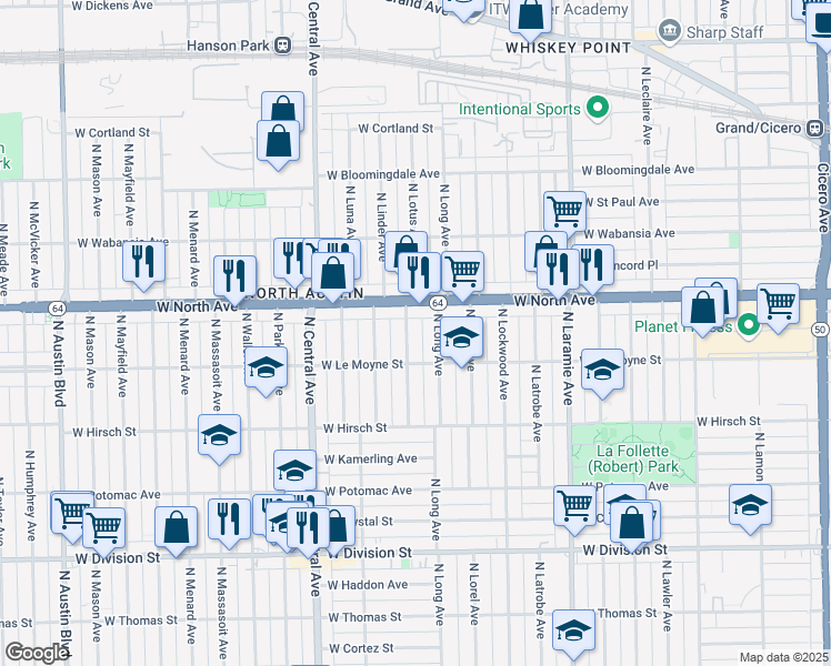 map of restaurants, bars, coffee shops, grocery stores, and more near 1529 North Lotus Avenue in Chicago
