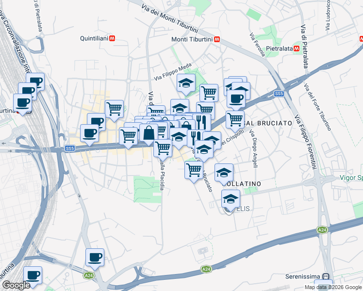map of restaurants, bars, coffee shops, grocery stores, and more near 598 Via Tiburtina in Rome