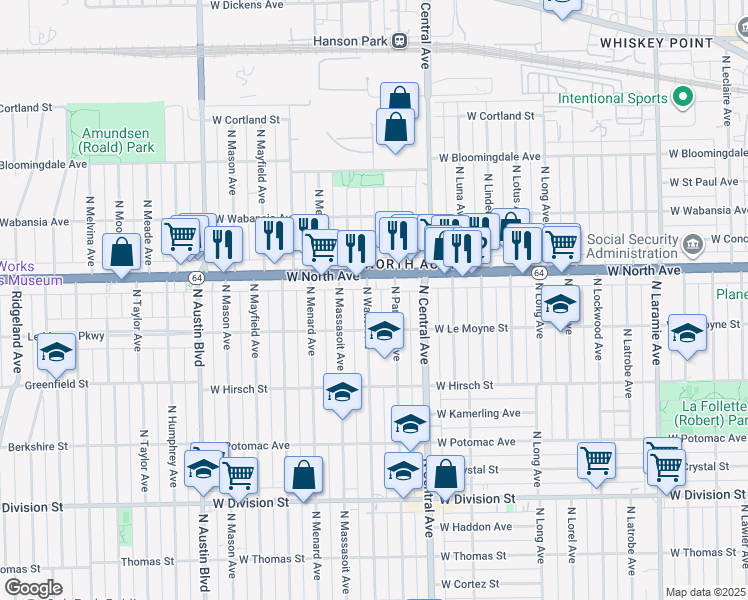 map of restaurants, bars, coffee shops, grocery stores, and more near 1533 North Waller Avenue in Chicago