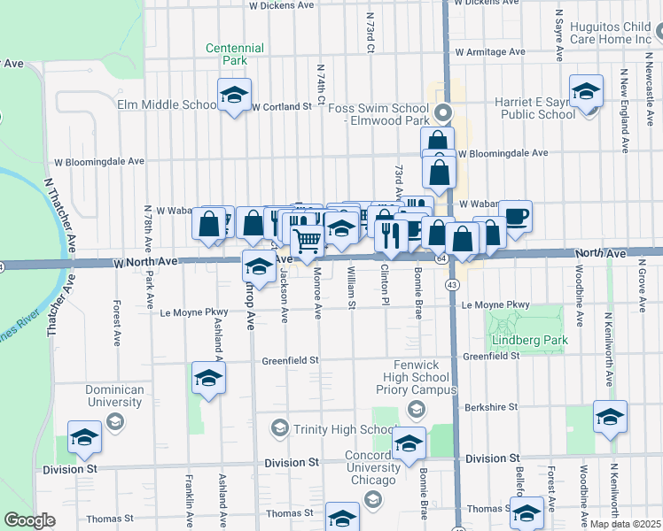 map of restaurants, bars, coffee shops, grocery stores, and more near 1557 Monroe Avenue in River Forest