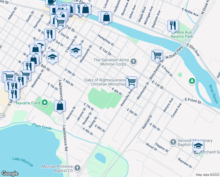 map of restaurants, bars, coffee shops, grocery stores, and more near 802 East 4th Street in Monroe