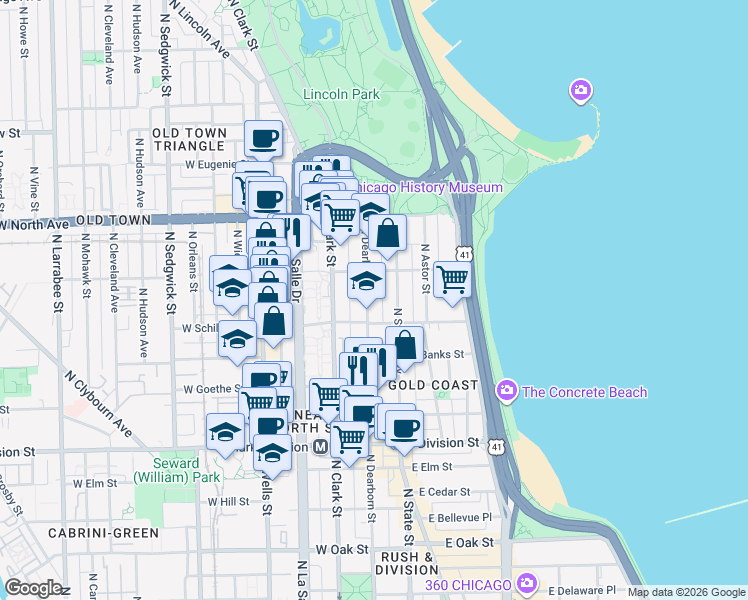 map of restaurants, bars, coffee shops, grocery stores, and more near 1425 North Dearborn Parkway in Chicago