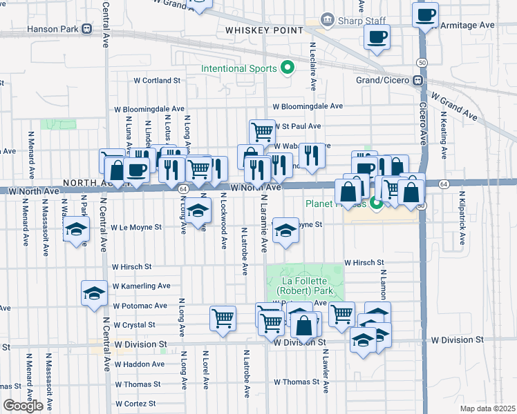 map of restaurants, bars, coffee shops, grocery stores, and more near 1528 N Laramie Ave in Chicago