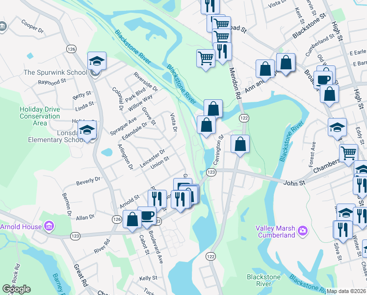 map of restaurants, bars, coffee shops, grocery stores, and more near 32 North Union Street in Lincoln