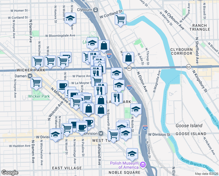 map of restaurants, bars, coffee shops, grocery stores, and more near 1449 North Bosworth Avenue in Chicago