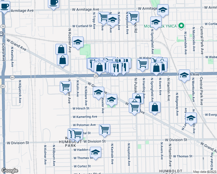 map of restaurants, bars, coffee shops, grocery stores, and more near 1512 North Kedvale Avenue in Chicago