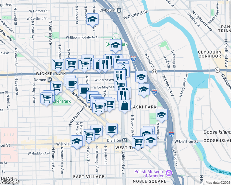 map of restaurants, bars, coffee shops, grocery stores, and more near 1632 West Julian Street in Chicago