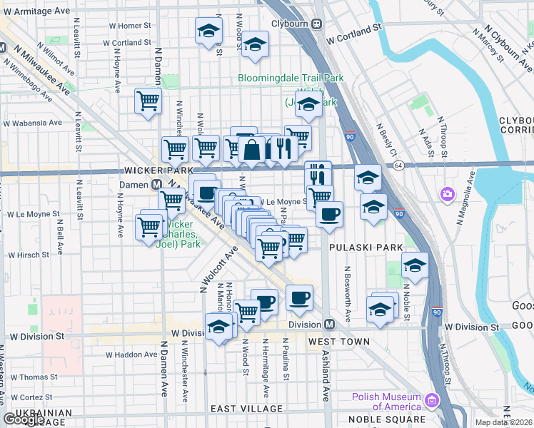 map of restaurants, bars, coffee shops, grocery stores, and more near in Chicago