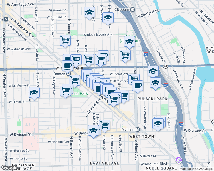 map of restaurants, bars, coffee shops, grocery stores, and more near 1746 West Julian Street in Chicago