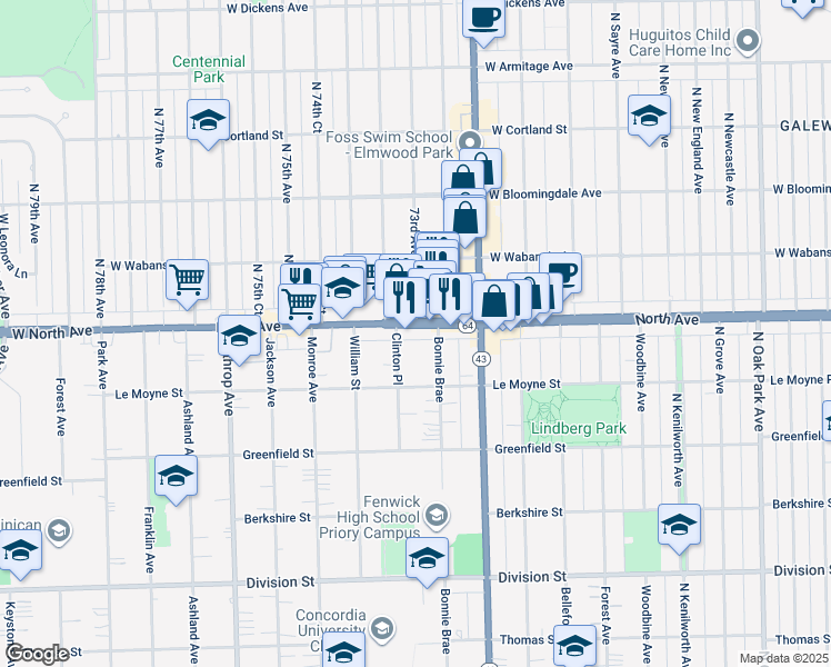 map of restaurants, bars, coffee shops, grocery stores, and more near 7319 West North Avenue in River Forest