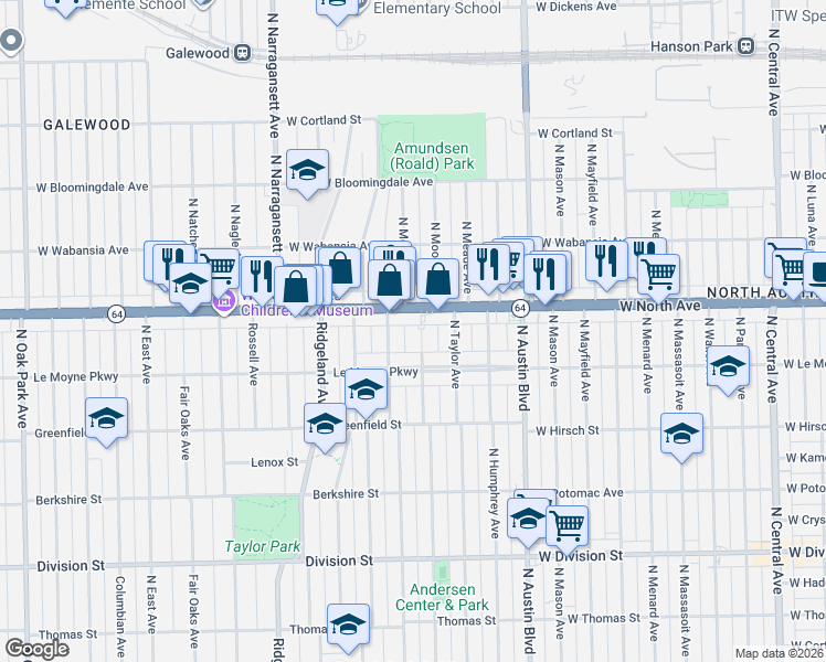 map of restaurants, bars, coffee shops, grocery stores, and more near 1229 Hayes Avenue in Oak Park