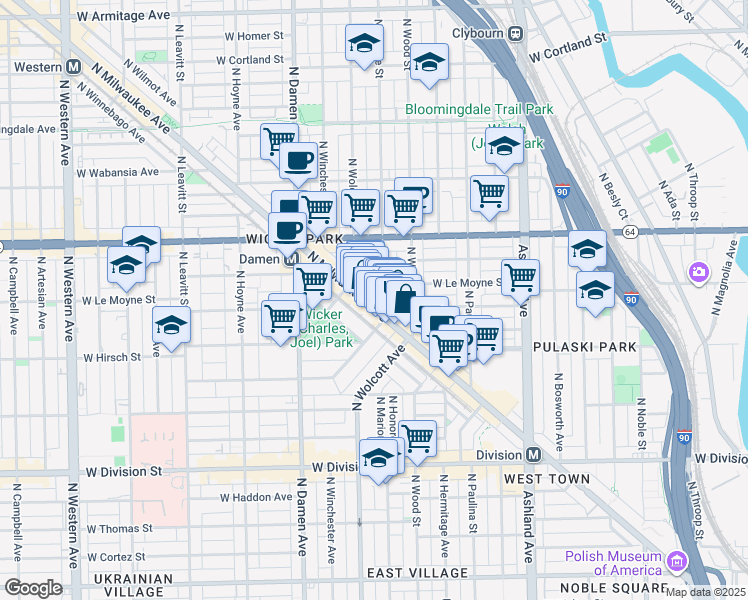 map of restaurants, bars, coffee shops, grocery stores, and more near 1459 North Milwaukee Avenue in Chicago