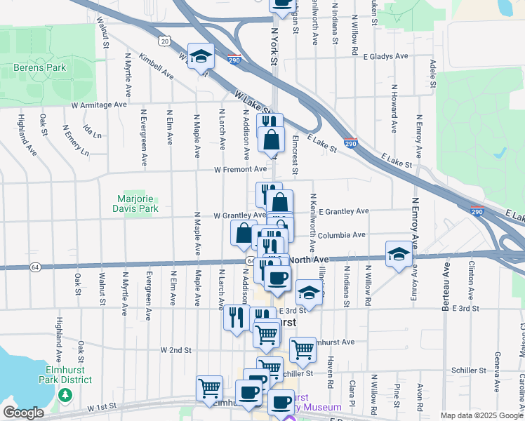 map of restaurants, bars, coffee shops, grocery stores, and more near 113 West Grantley Avenue in Elmhurst