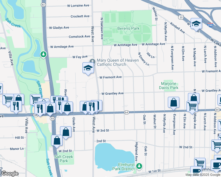 map of restaurants, bars, coffee shops, grocery stores, and more near 366 Highview Avenue in Addison