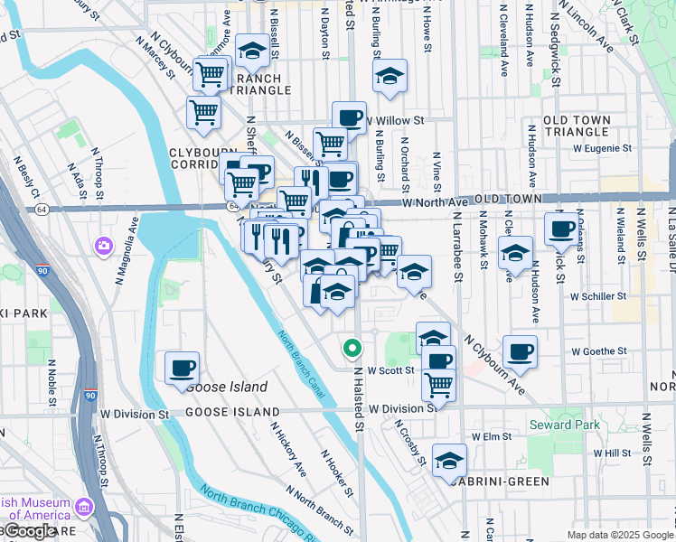 map of restaurants, bars, coffee shops, grocery stores, and more near 821 West Blackhawk Street in Chicago