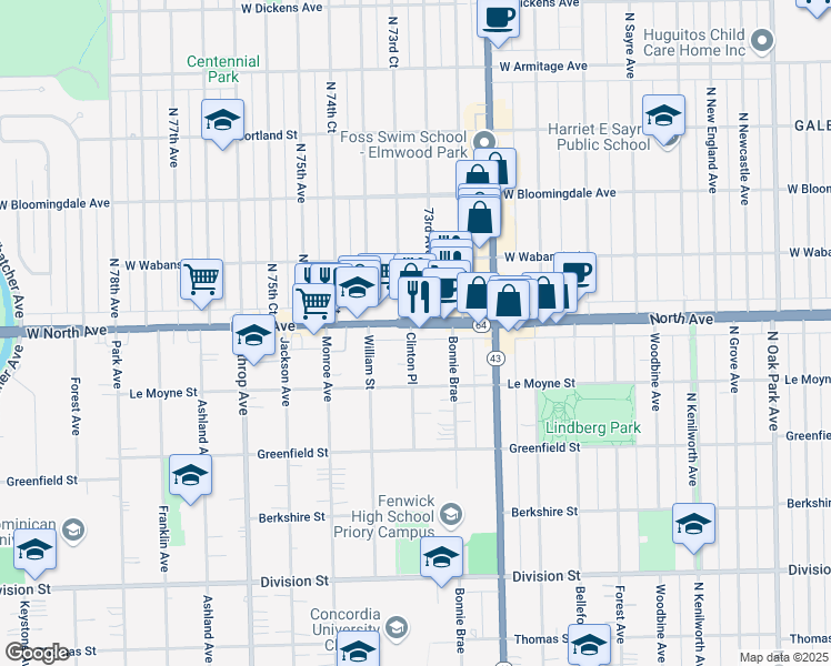 map of restaurants, bars, coffee shops, grocery stores, and more near 7319 West North Avenue in River Forest