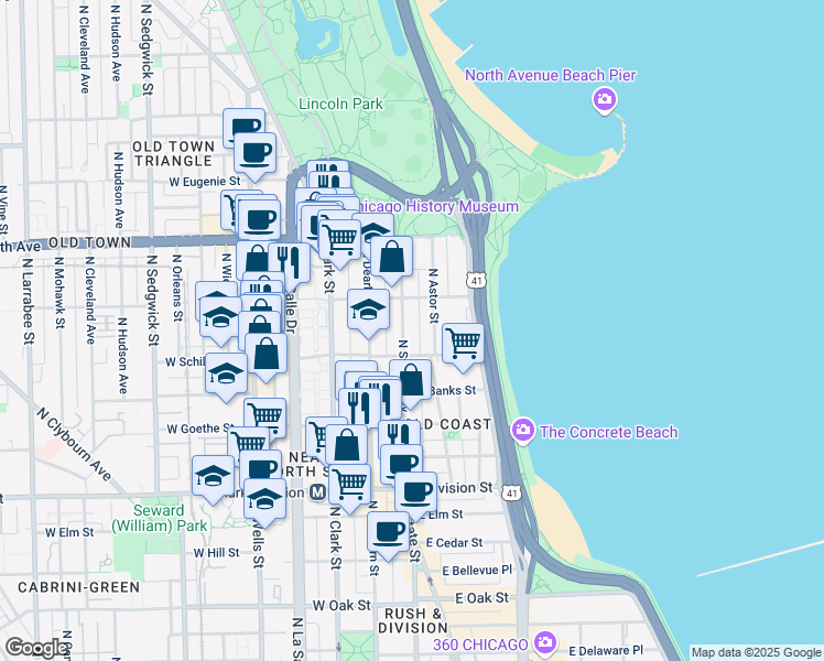 map of restaurants, bars, coffee shops, grocery stores, and more near 1425 North State Parkway in Chicago