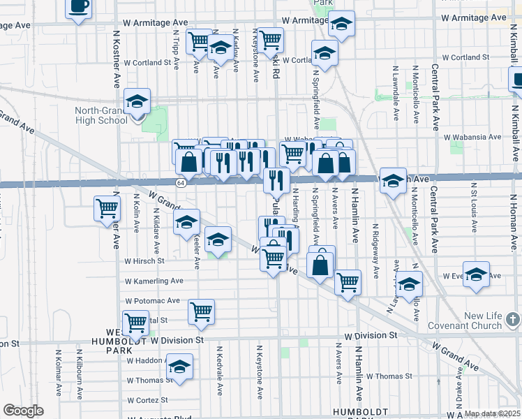 map of restaurants, bars, coffee shops, grocery stores, and more near 1515 North Keystone Avenue in Chicago