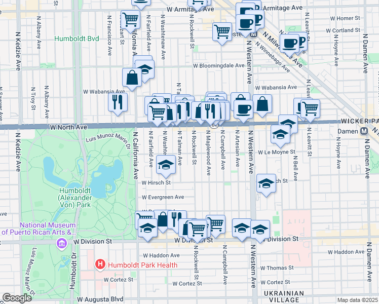 map of restaurants, bars, coffee shops, grocery stores, and more near 2606 West Le Moyne Street in Chicago