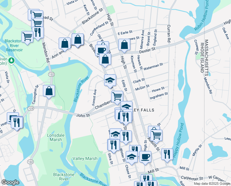 map of restaurants, bars, coffee shops, grocery stores, and more near 351 Broad Street in Cumberland